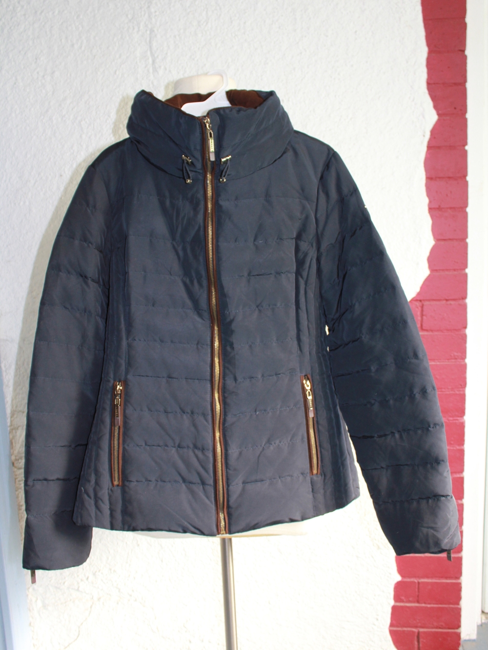 Esprit Women's Navy Blue Quilted Puffer Winter Jacket Small Gold Zippers